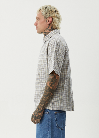 AFENDS Mens Drew - Seersucker Short Sleeve Shirt - Taupe Check