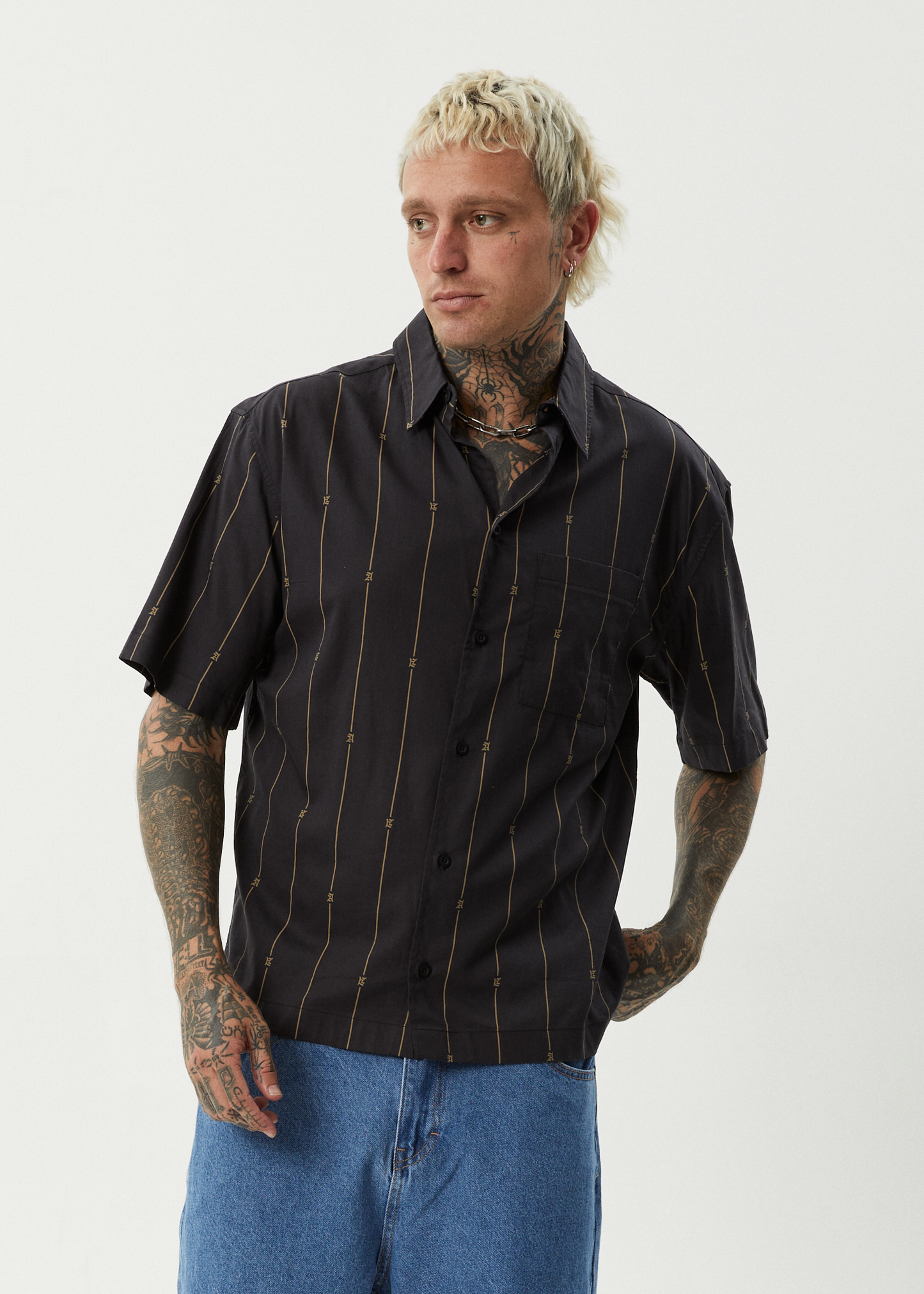 AFENDS Mens A Stripe - Short Sleeve Shirt - Black