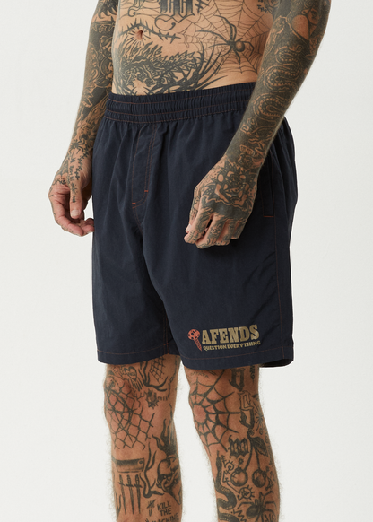 AFENDS Mens Nuts N Bolts - Baywatch Swim Short 18" - Deep Sea