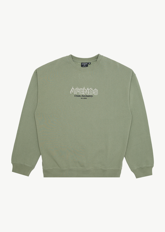 AFENDS Mens Ember - Crew Neck Jumper - Oil Green