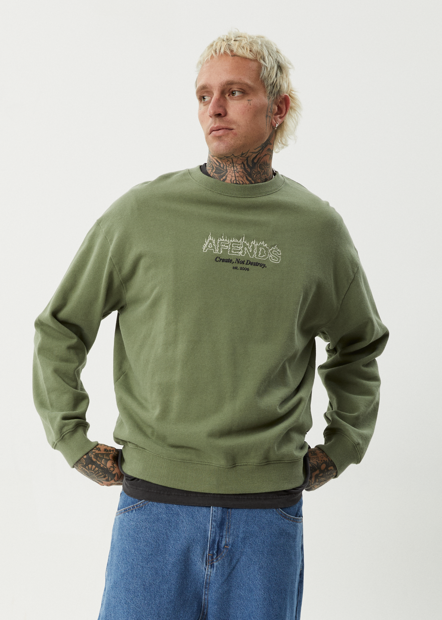 AFENDS Mens Ember - Crew Neck Jumper - Oil Green