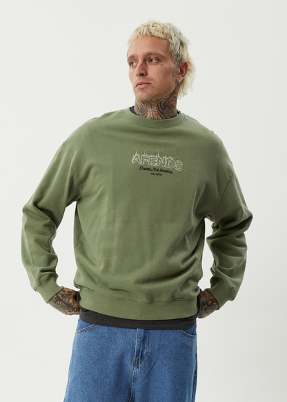 AFENDS Mens Ember - Crew Neck Jumper - Oil Green