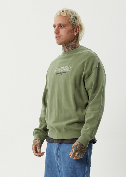 AFENDS Mens Ember - Crew Neck Jumper - Oil Green