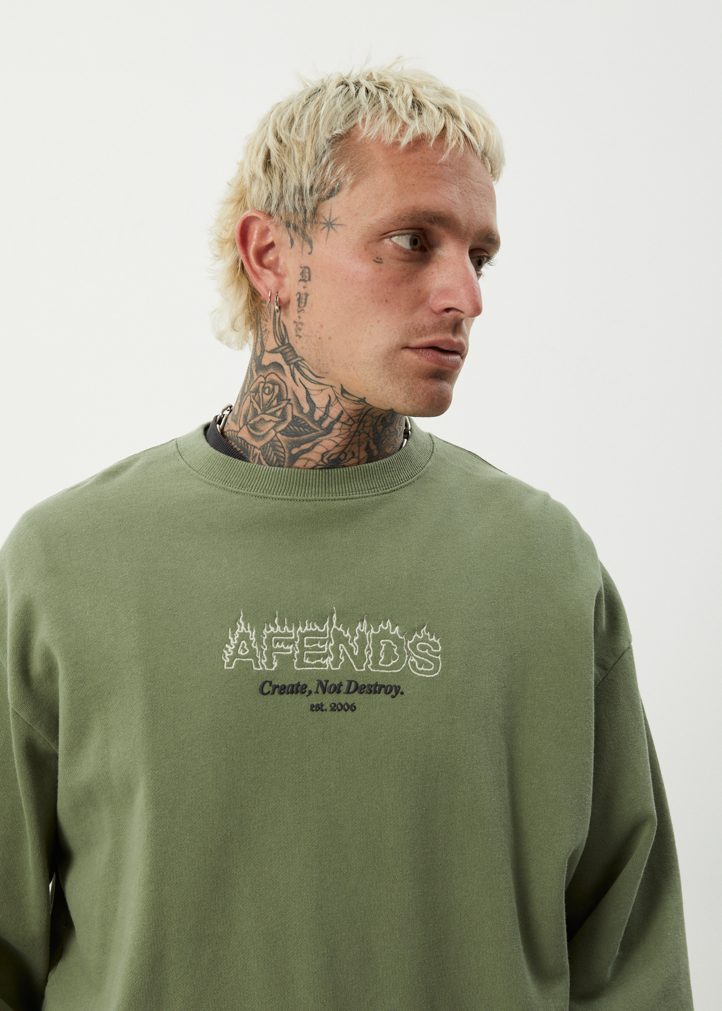 AFENDS Mens Ember - Crew Neck Jumper - Oil Green