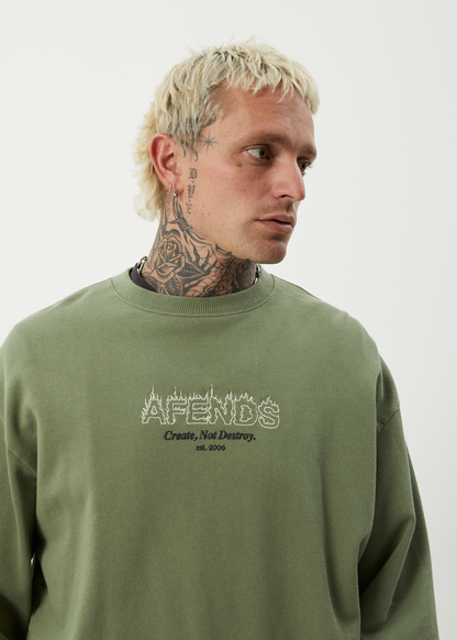 AFENDS Mens Ember - Crew Neck Jumper - Oil Green