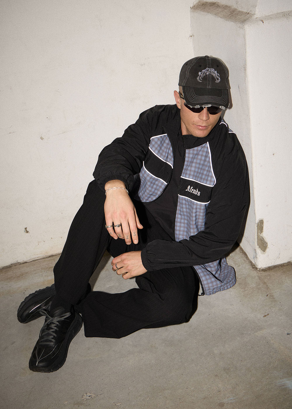 AFENDS Mens Spicy - Sports Spray Jacket - Slate Blue Check