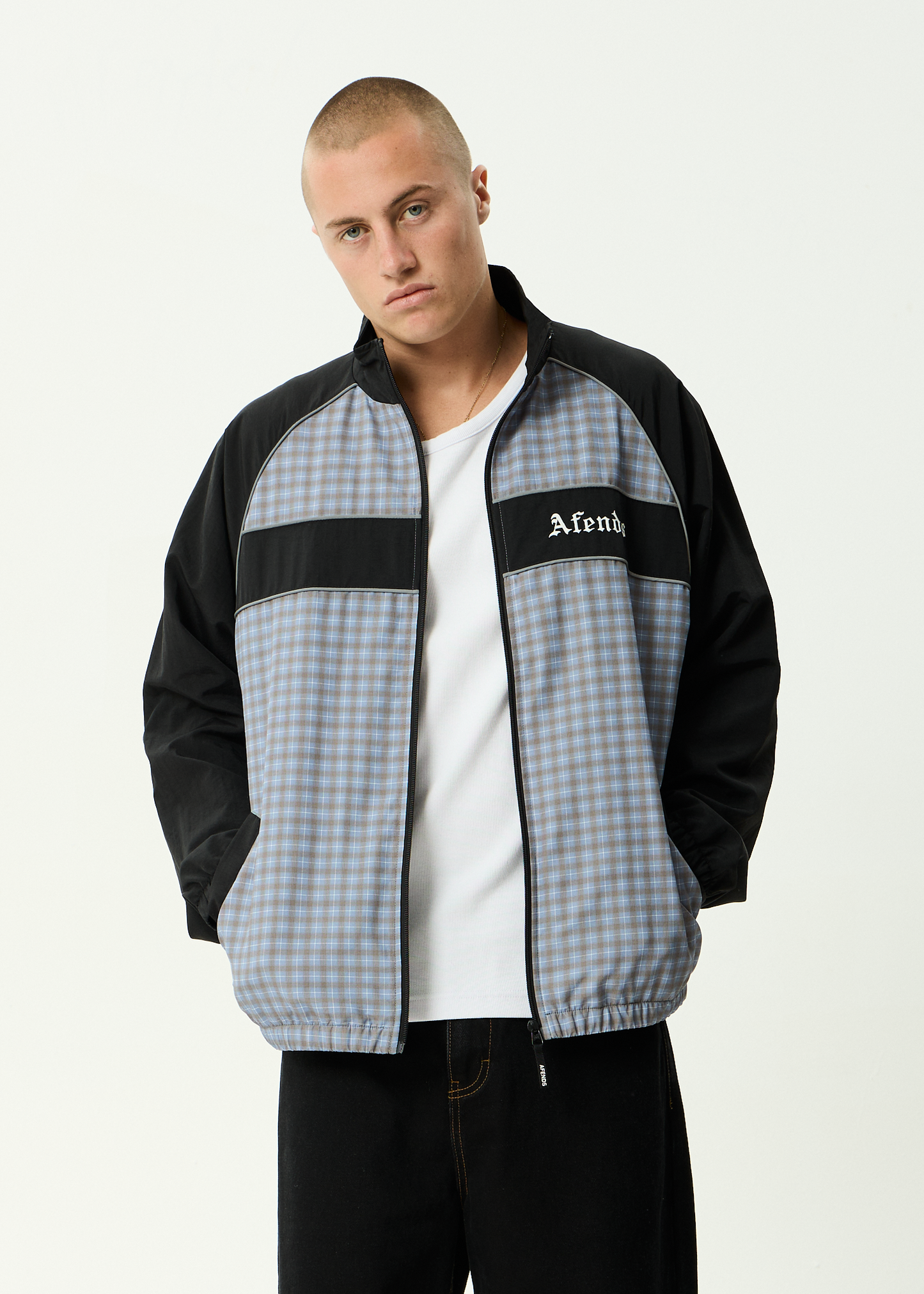 AFENDS Mens Spicy - Sports Spray Jacket - Slate Blue Check