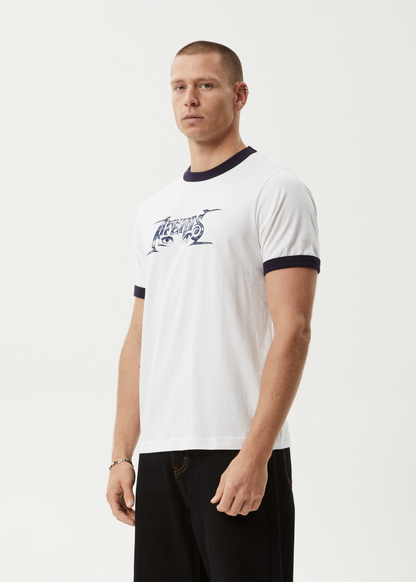 AFENDS Mens All Eyez - Ringer Tee - White / Deep Sea