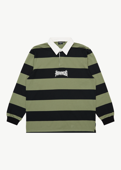 AFENDS Mens Mental - Rugby Long Sleeve Tee - Oil Green