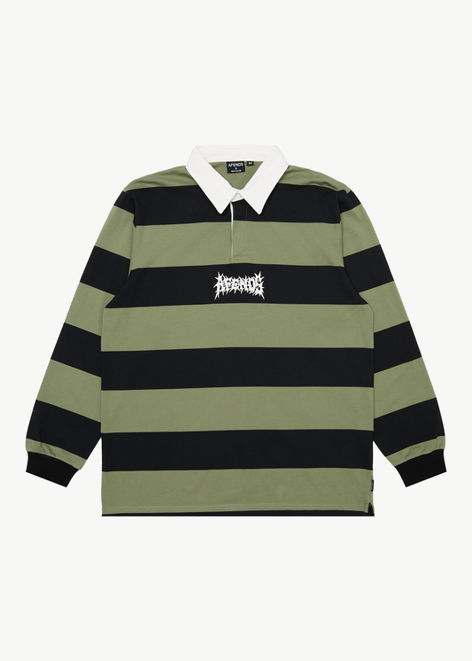 AFENDS Mens Mental - Rugby Long Sleeve Tee - Oil Green