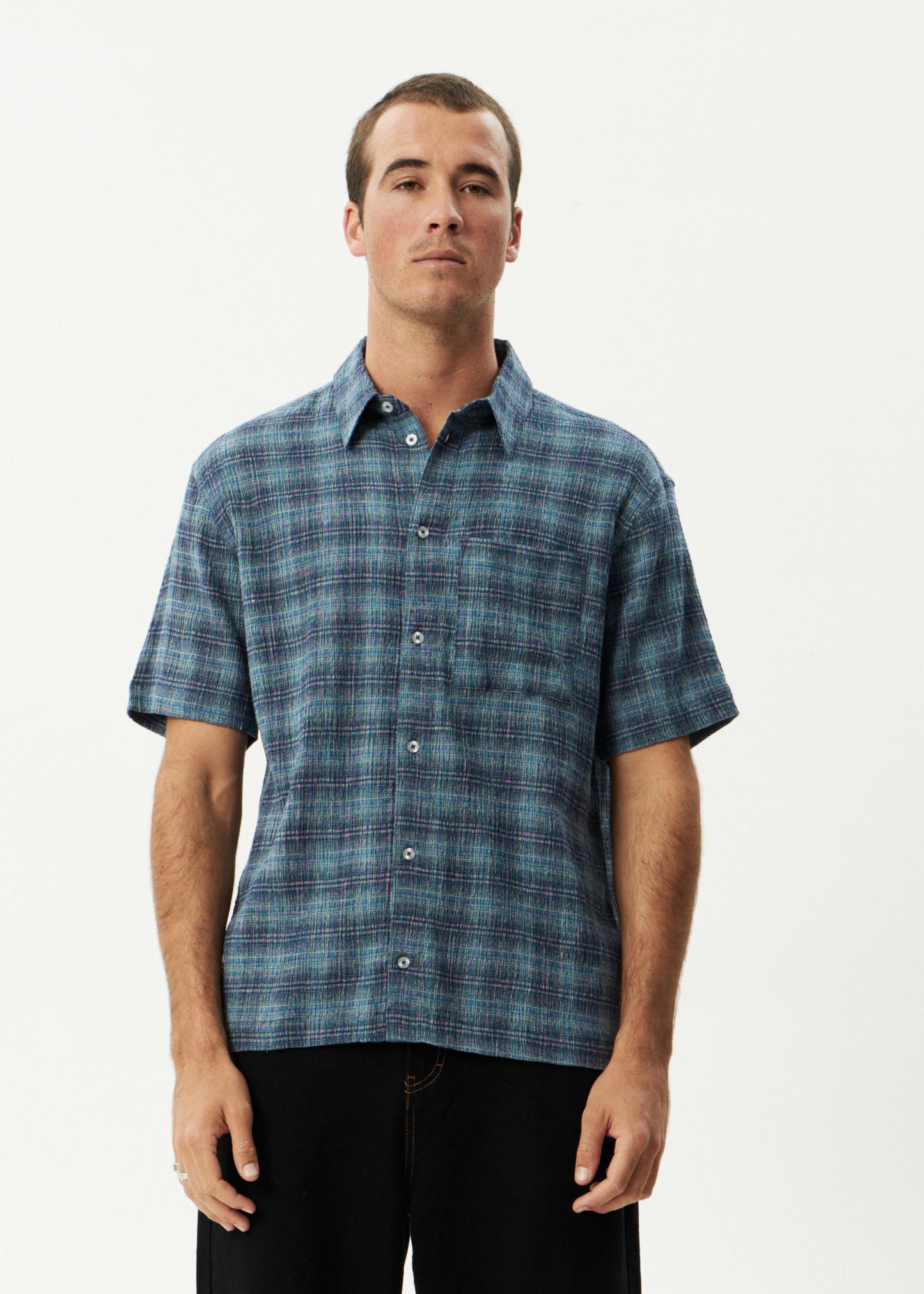 AFENDS Mens Position - Seersucker Short Sleeve Shirt - Navy Check