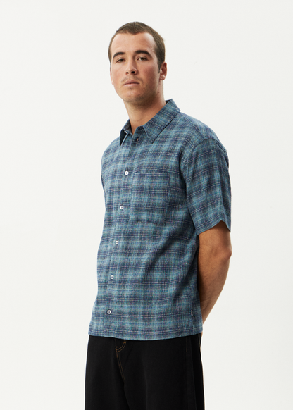 AFENDS Mens Position - Seersucker Short Sleeve Shirt - Navy Check