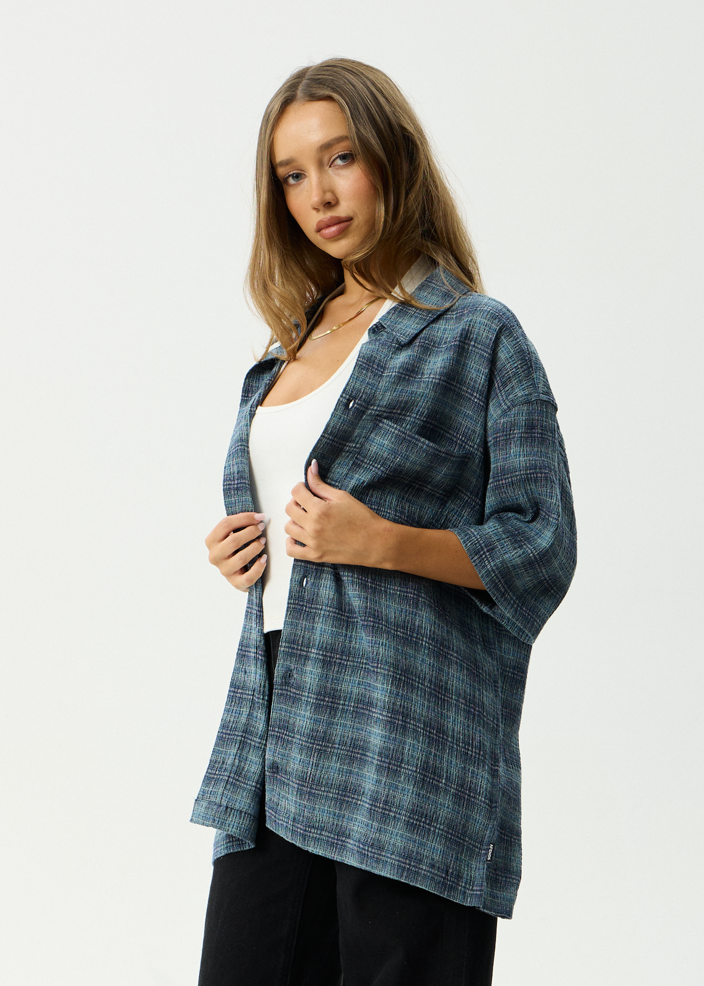 AFENDS Mens Position - Seersucker Short Sleeve Shirt - Navy Check