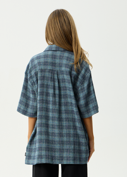AFENDS Mens Position - Seersucker Short Sleeve Shirt - Navy Check