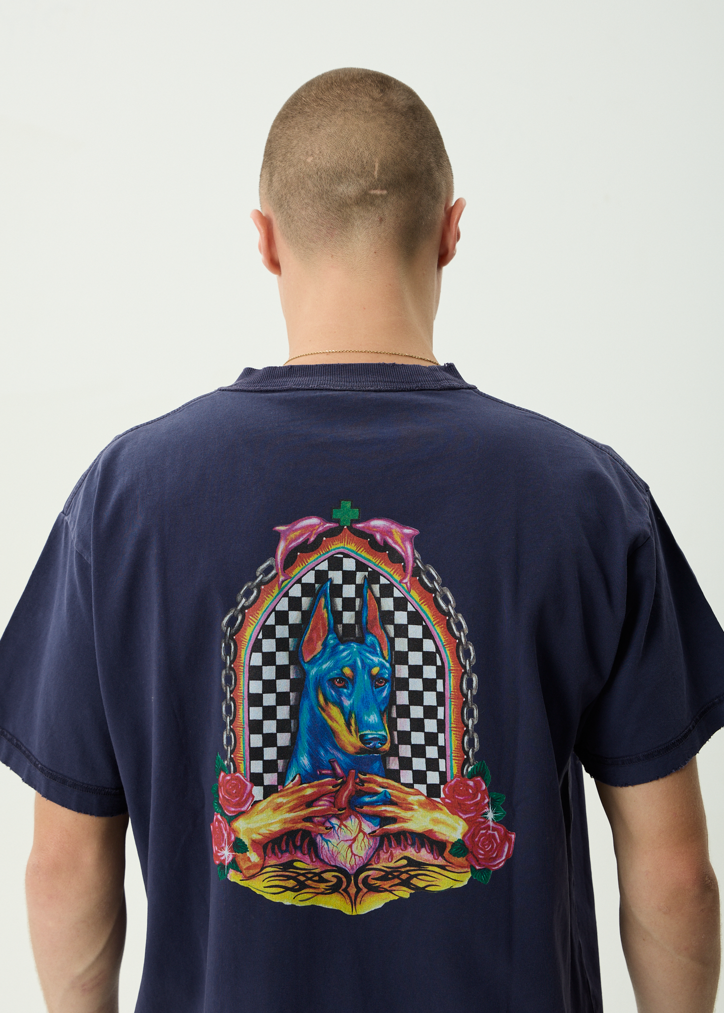 AFENDS Mens Shrine - Heavyweight Boxy Tee - Washed Deep Sea