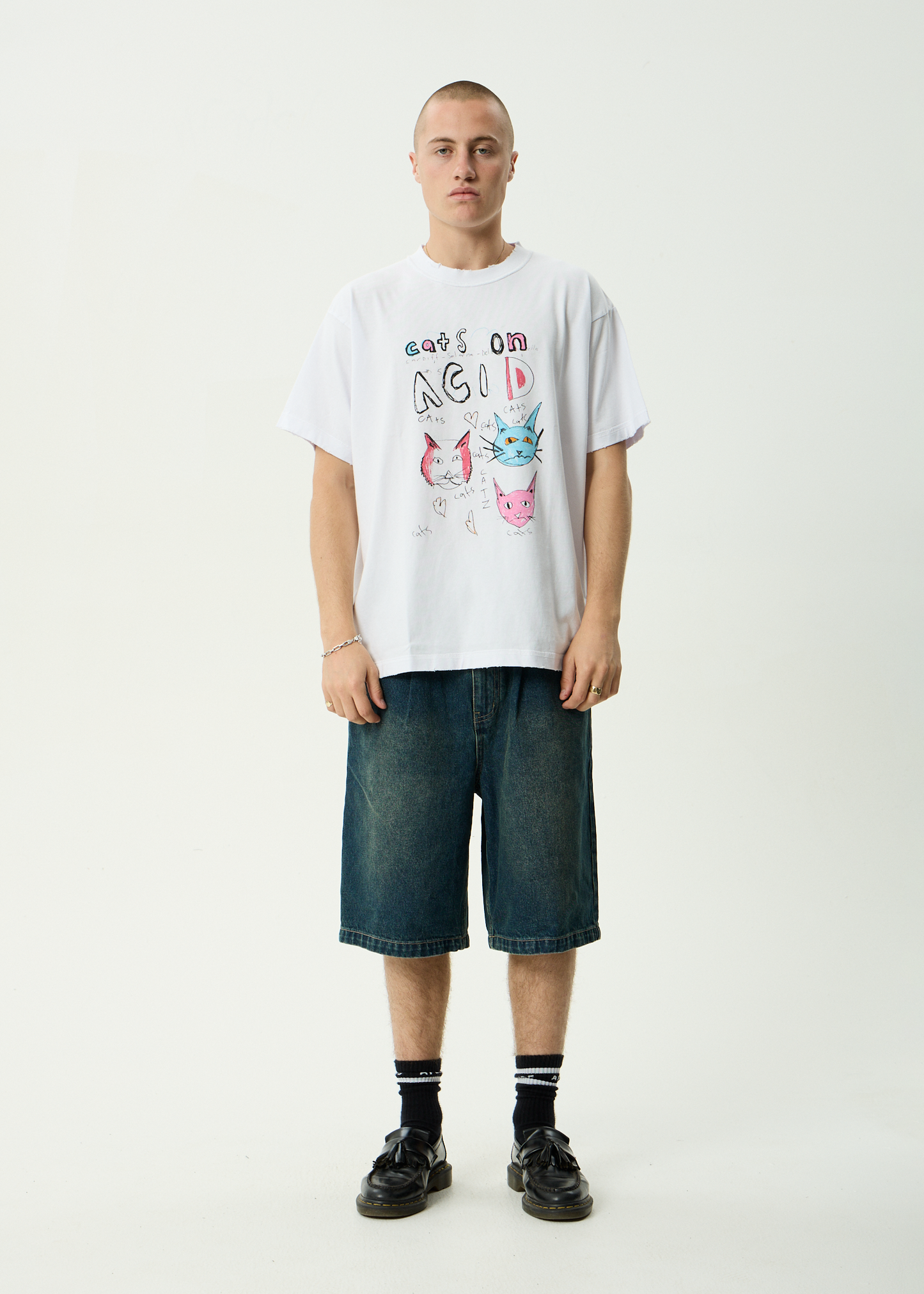 AFENDS Mens Cats On Acid - Heavyweight Boxy Tee - White