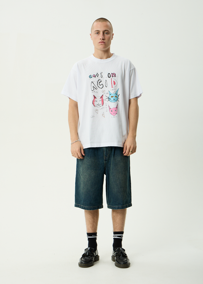 AFENDS Mens Cats On Acid - Heavyweight Boxy Tee - White
