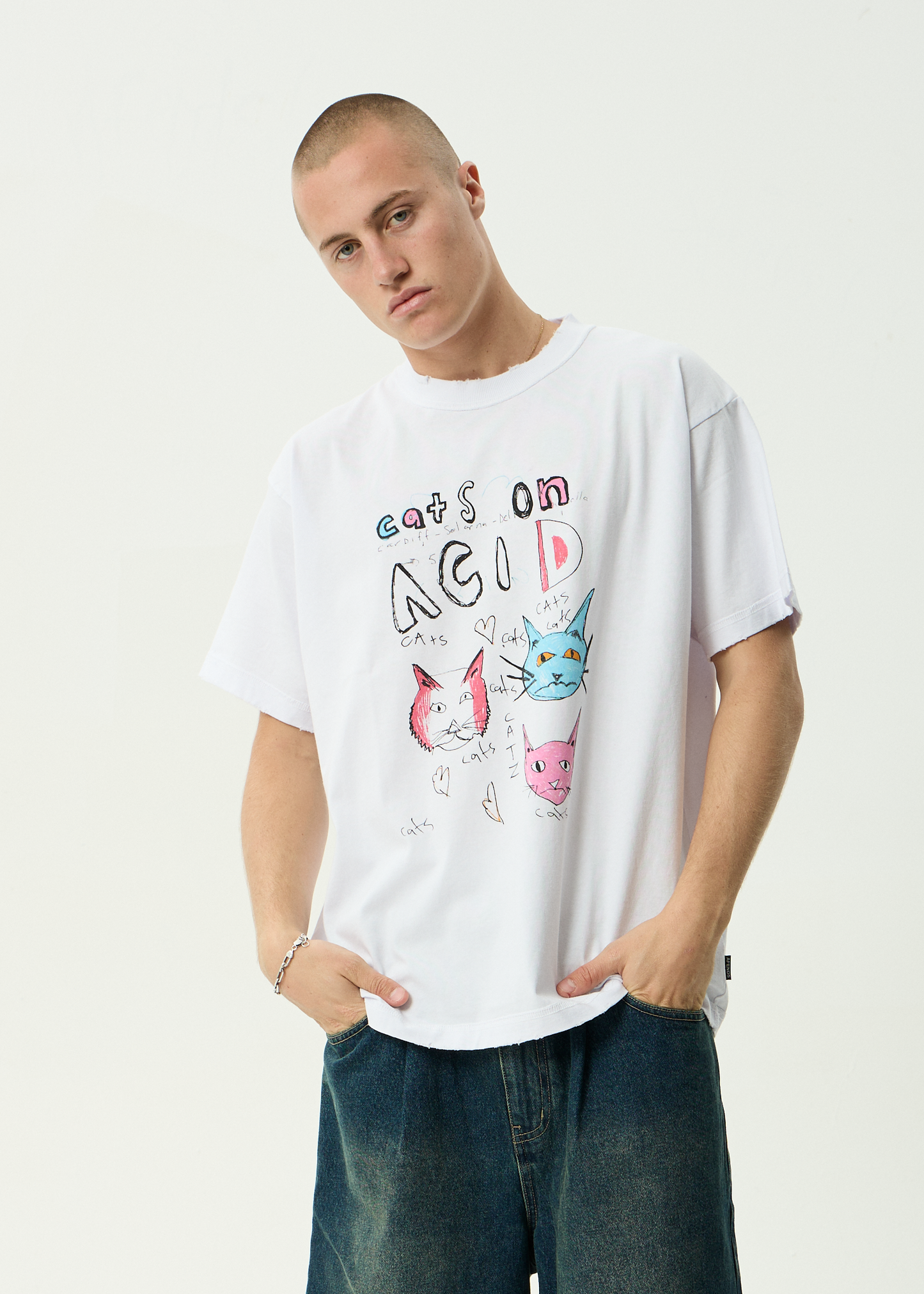 AFENDS Mens Cats On Acid - Heavyweight Boxy Tee - White