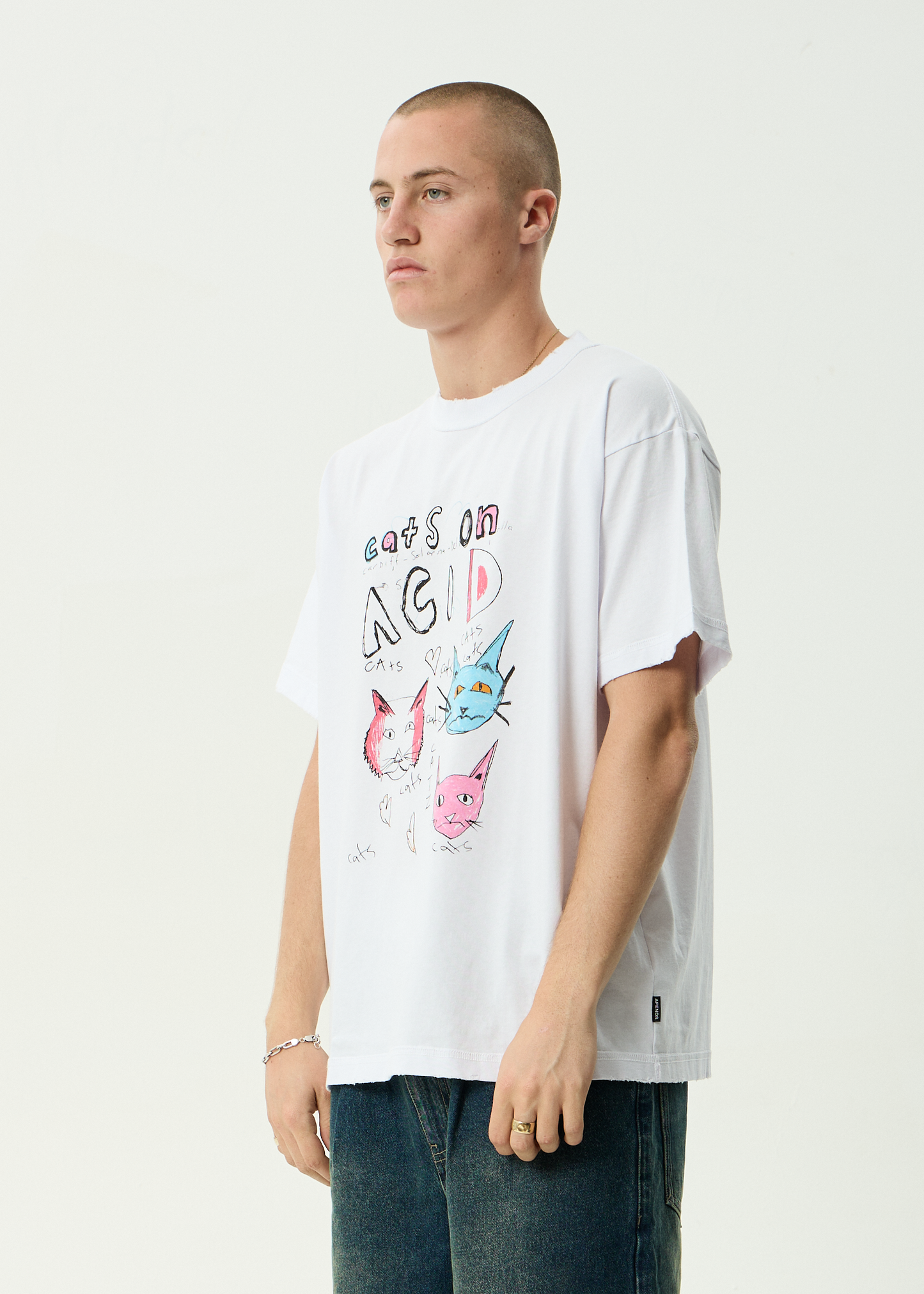 AFENDS Mens Cats On Acid - Heavyweight Boxy Tee - White