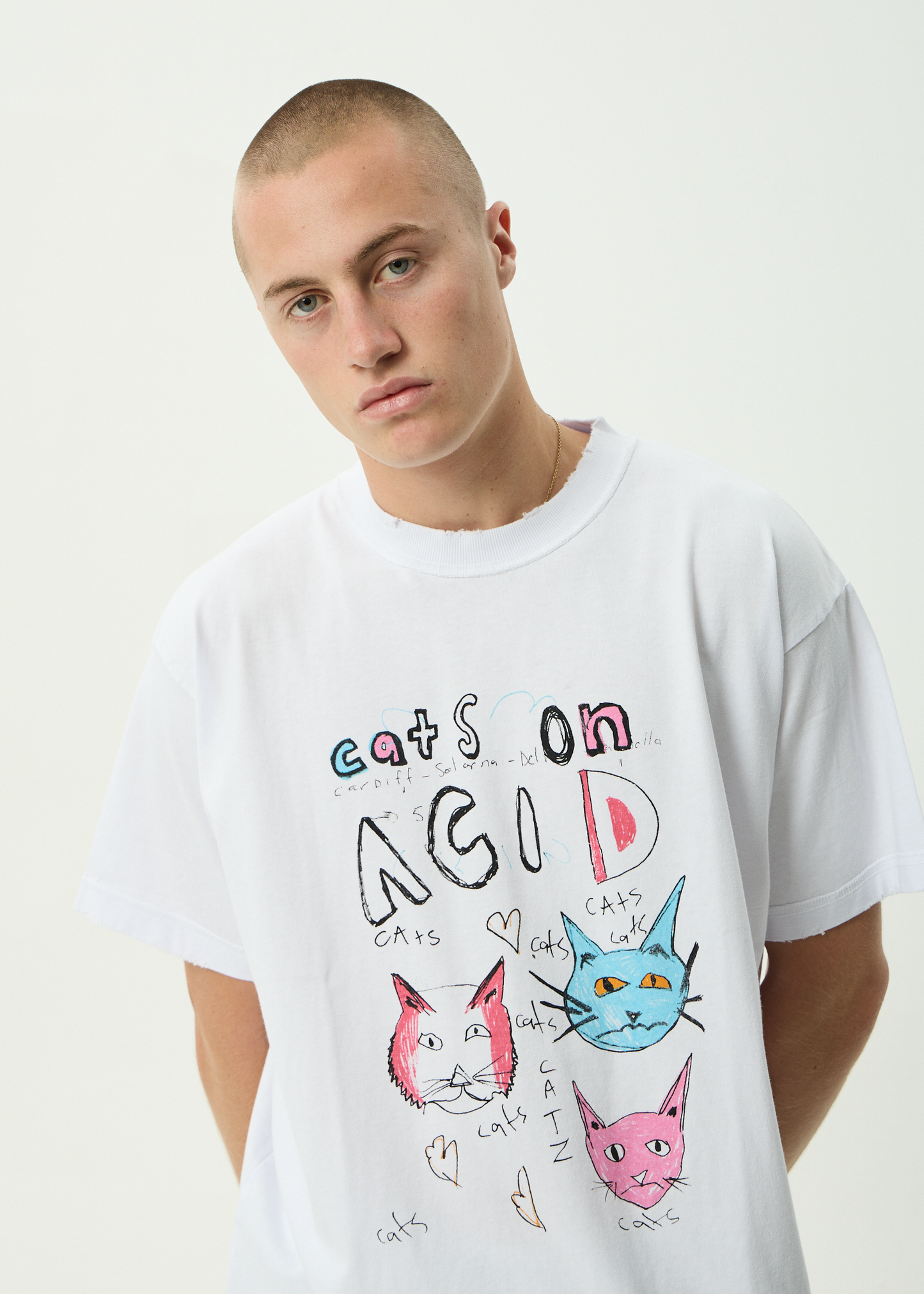 AFENDS Mens Cats On Acid - Heavyweight Boxy Tee - White