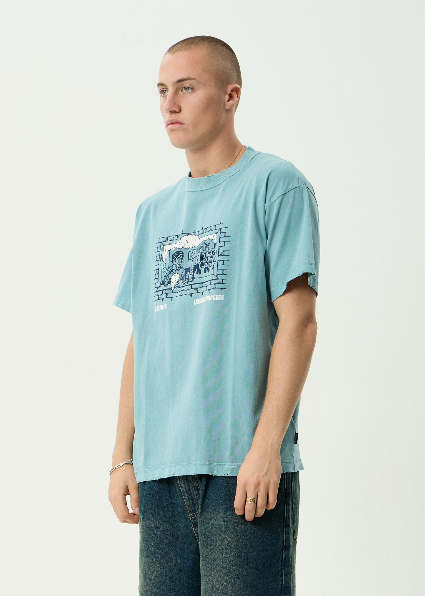 AFENDS Mens Leisure Process - Boxy Tee - Washed Overcast