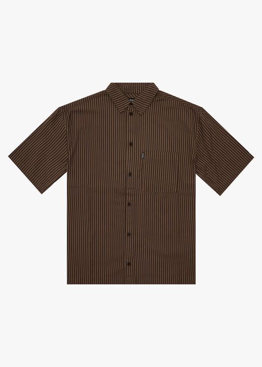 AFENDS Mens Cyrus - Short Sleeve Shirt - Coffee Stripe
