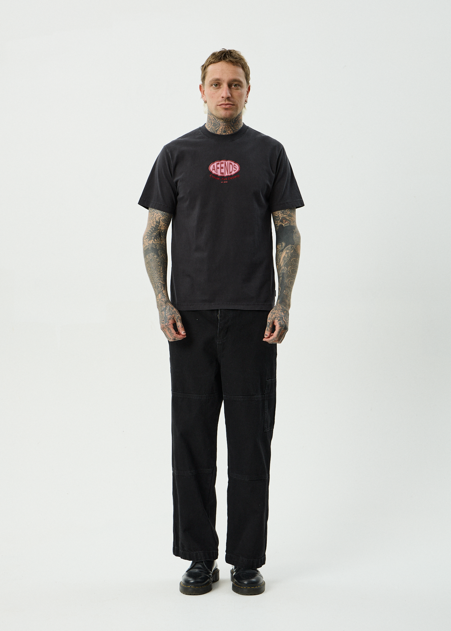 AFENDS Mens Destroyed - Retro Tee - Stone Black