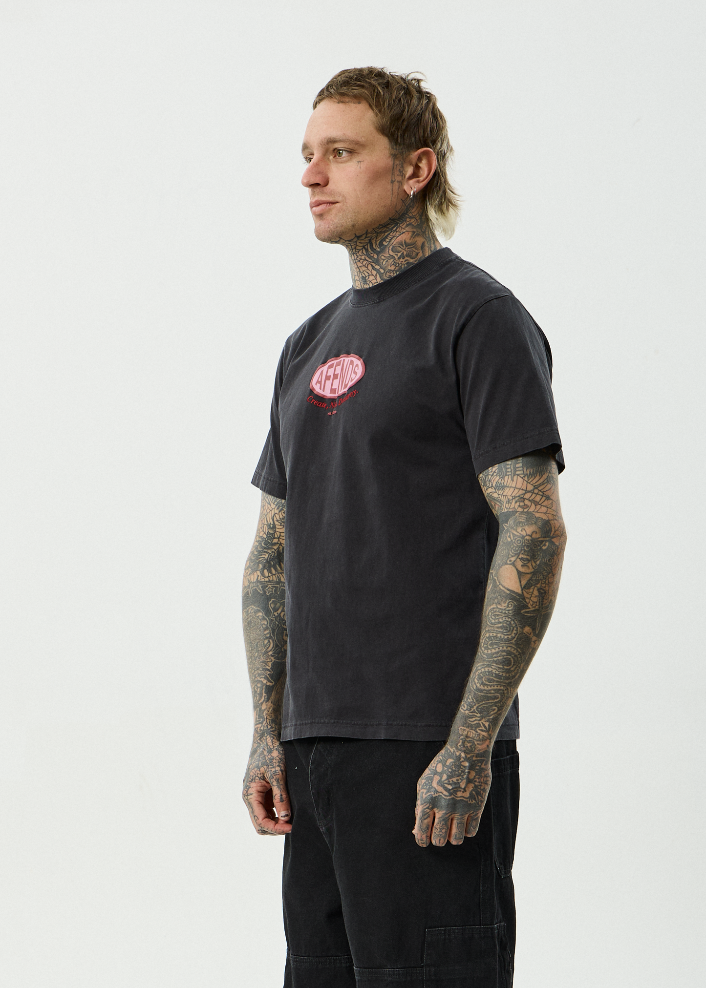 AFENDS Mens Destroyed - Retro Tee - Stone Black