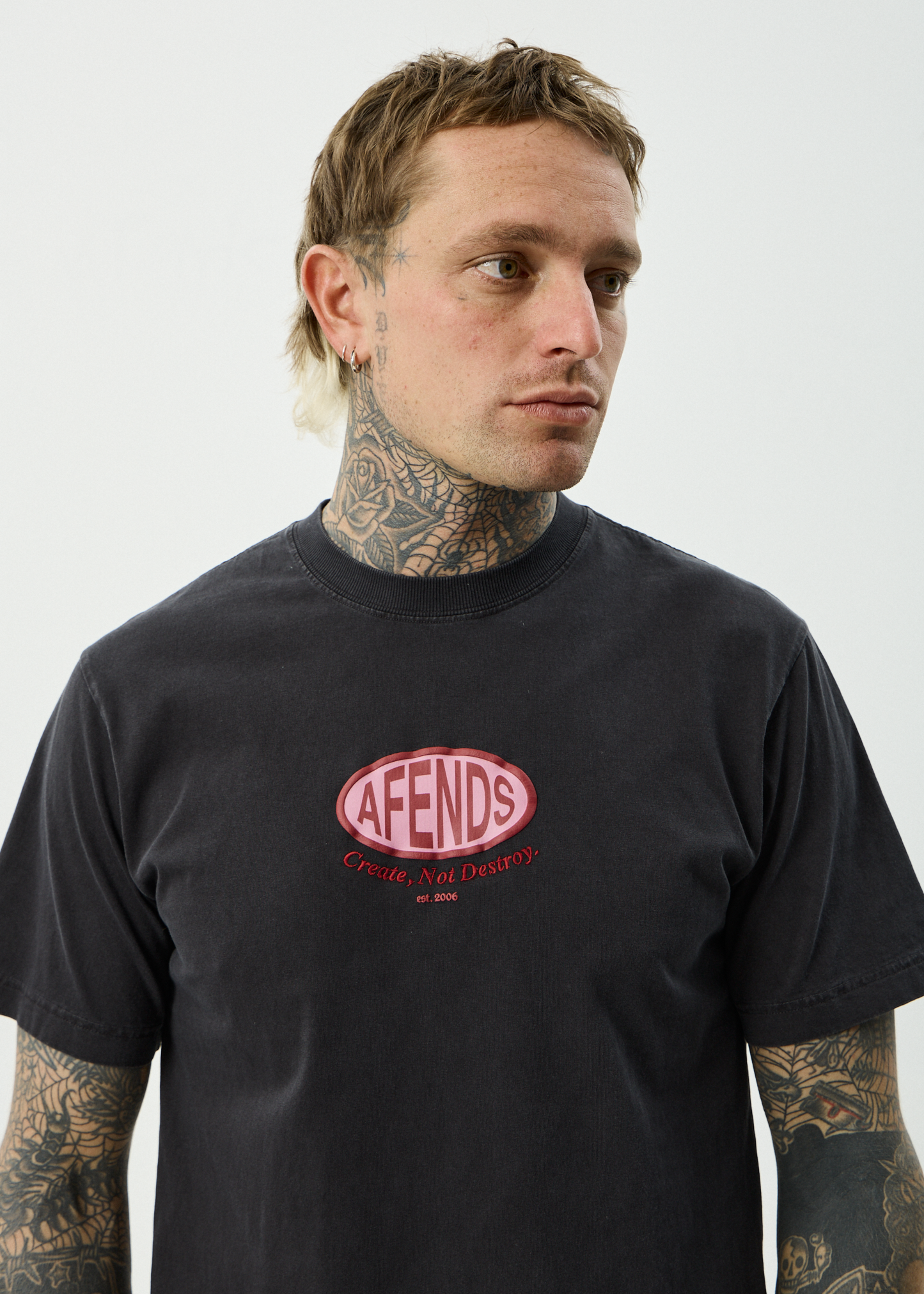 AFENDS Mens Destroyed - Retro Tee - Stone Black