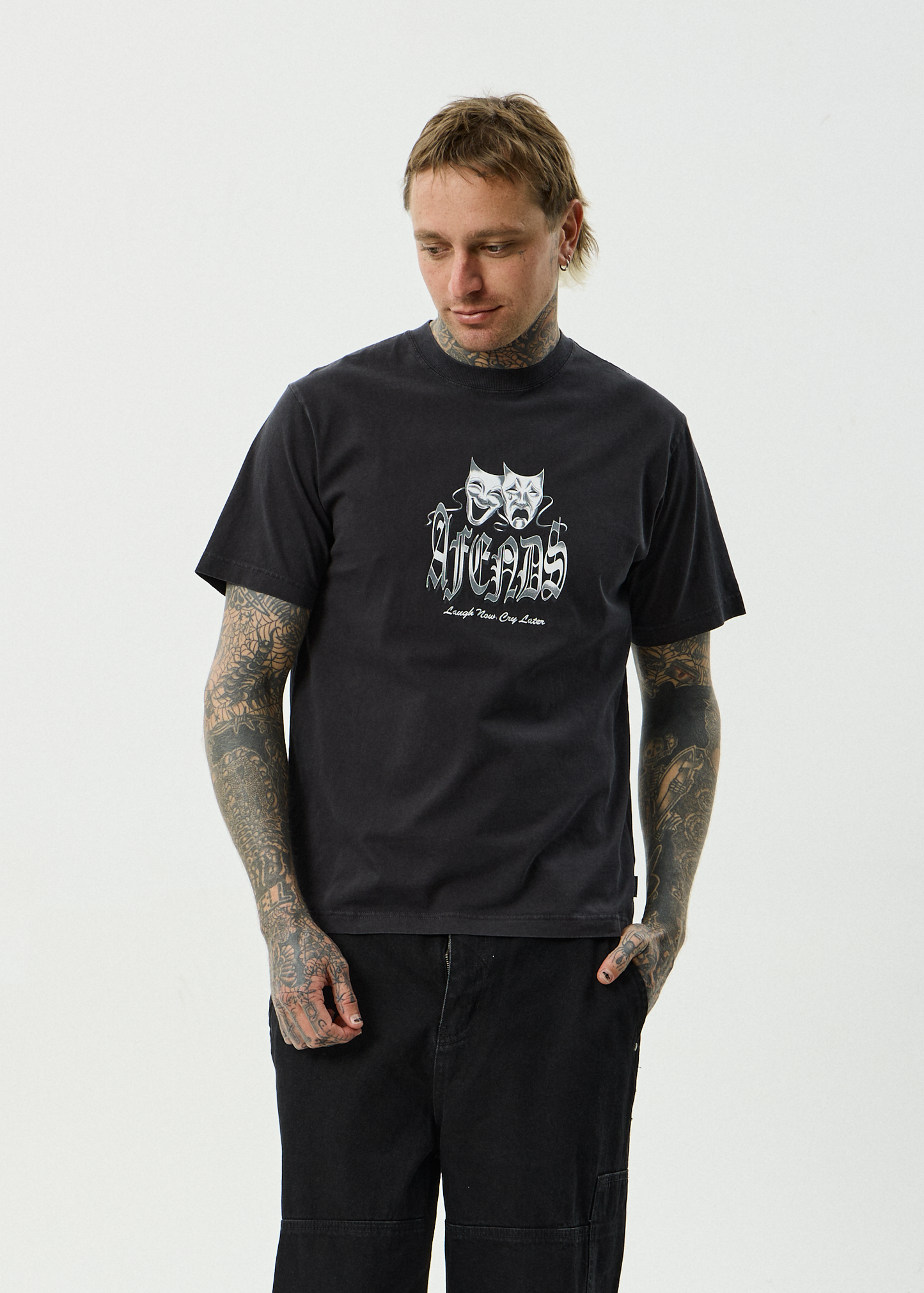 AFENDS Mens Cry Later - Retro Tee - Stone Black