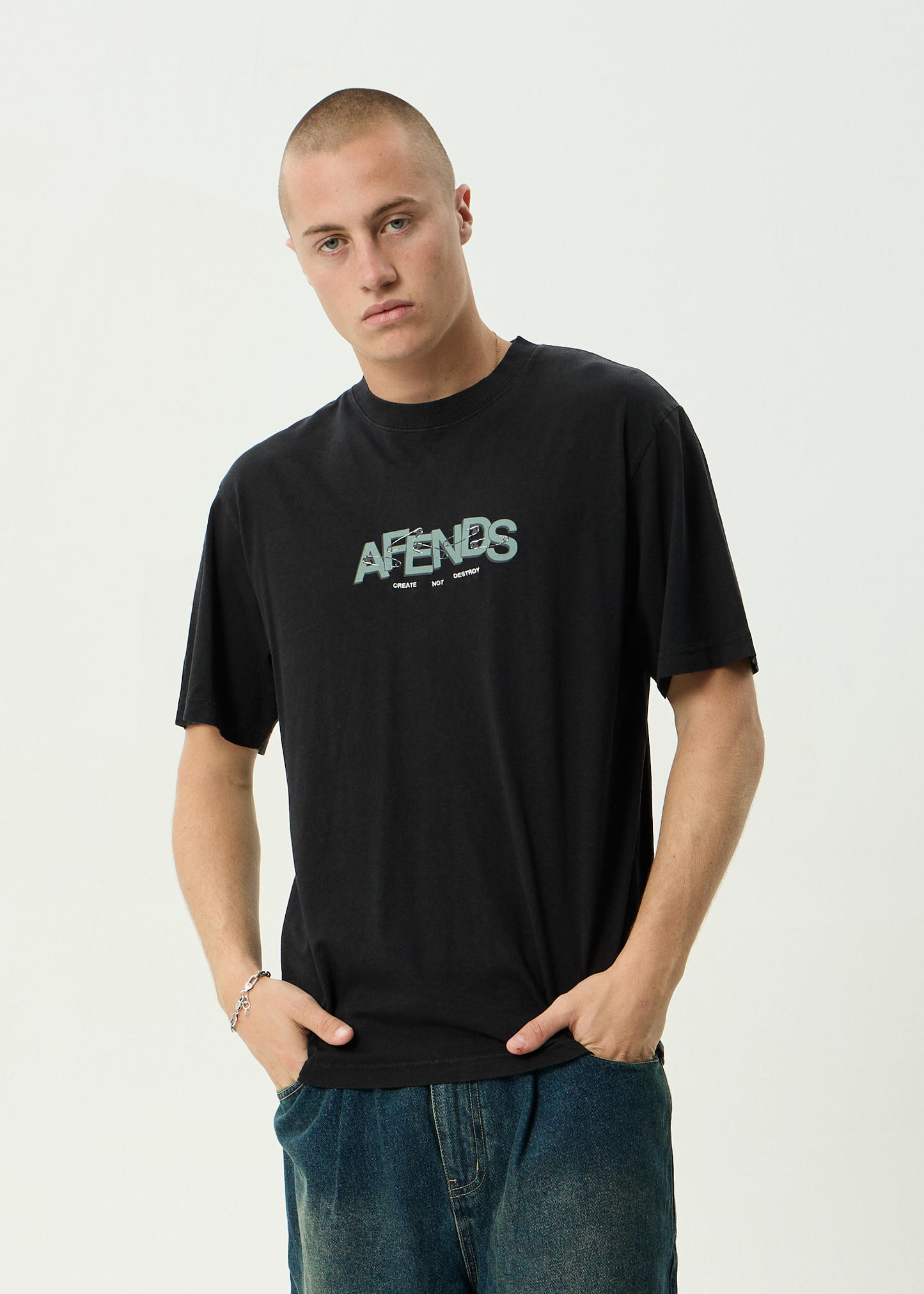 AFENDS Mens Safety - Retro Tee - Stone Black