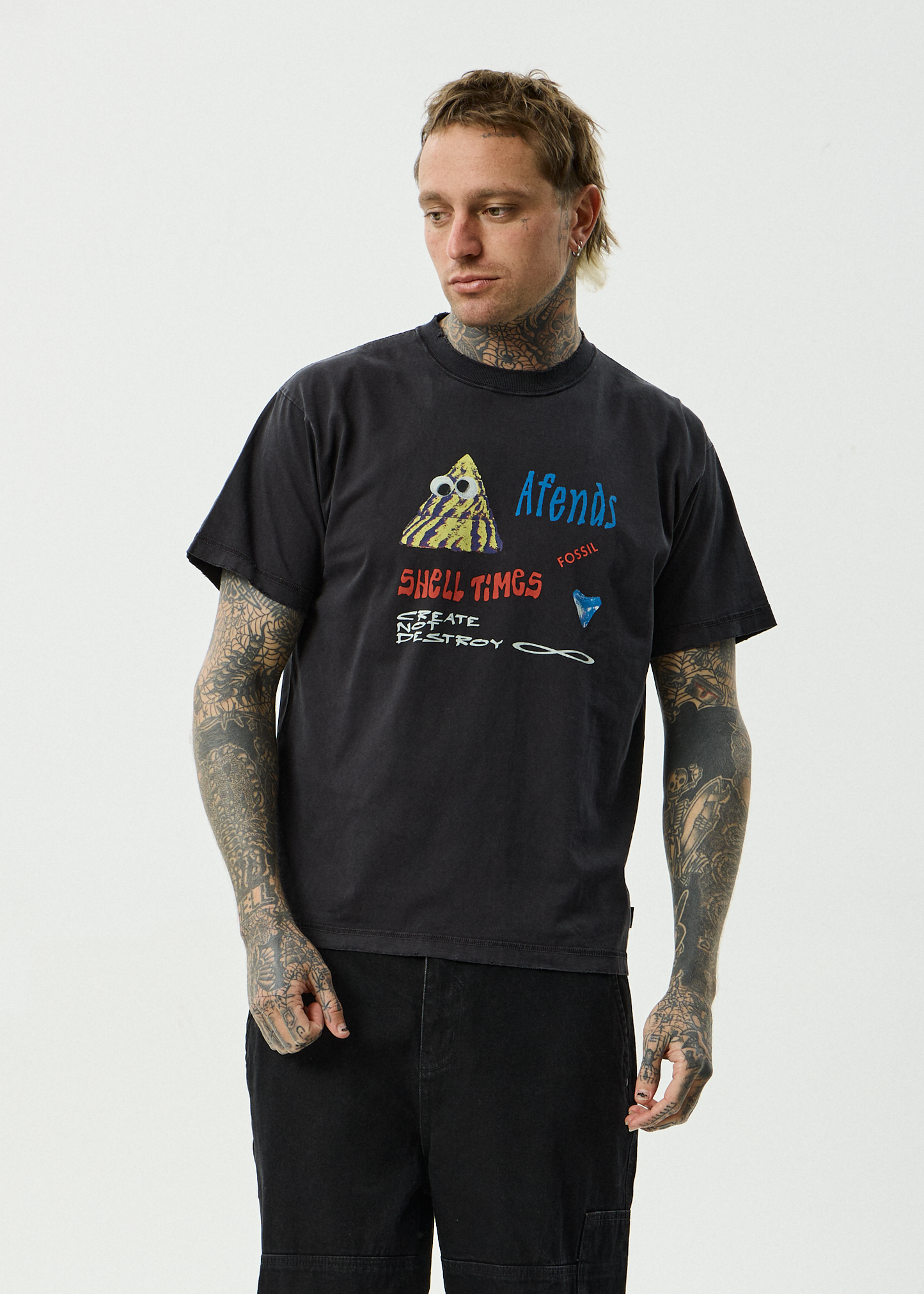 AFENDS Mens Shell Times - Boxy Tee - Stone Black