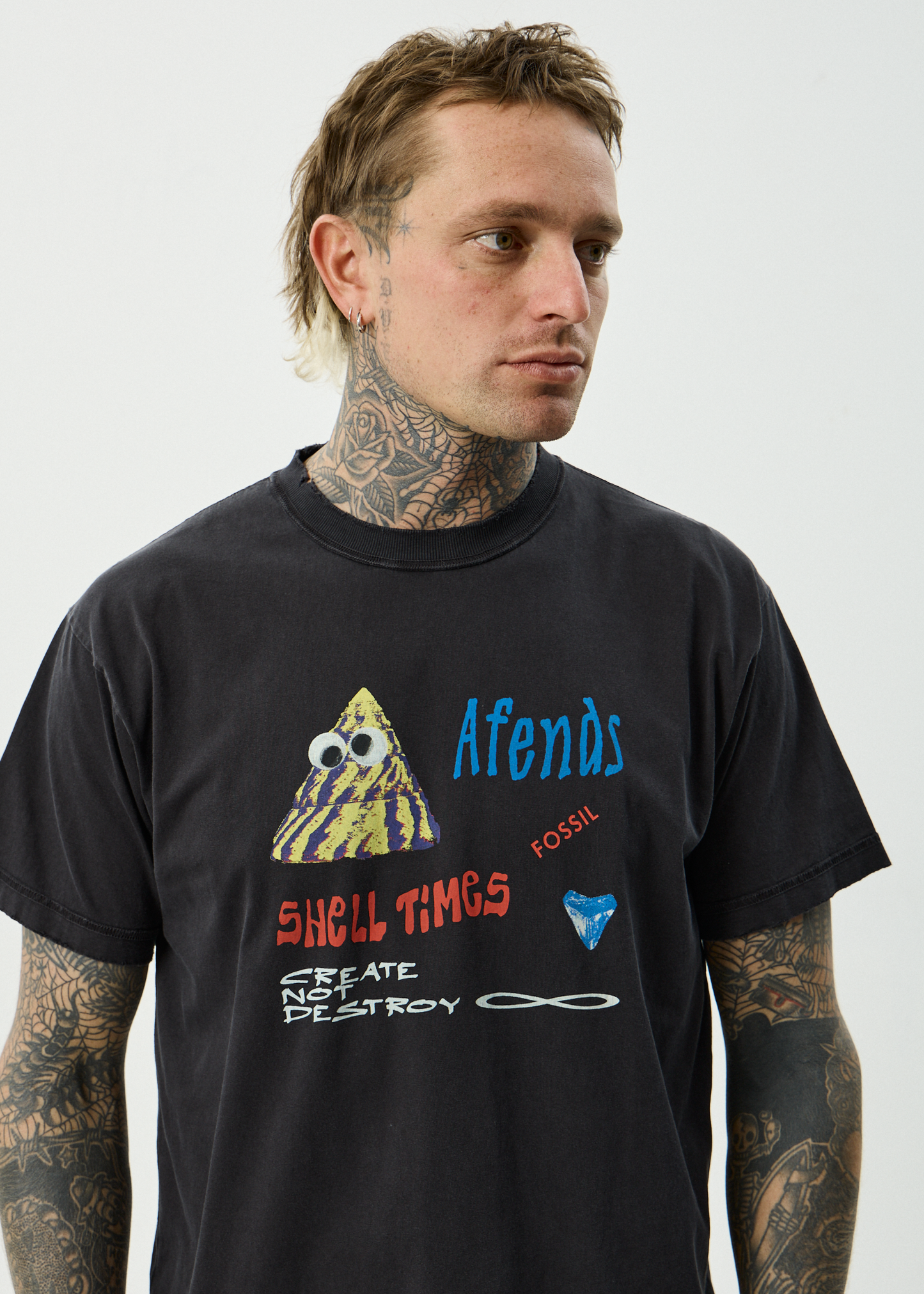 AFENDS Mens Shell Times - Boxy Tee - Stone Black
