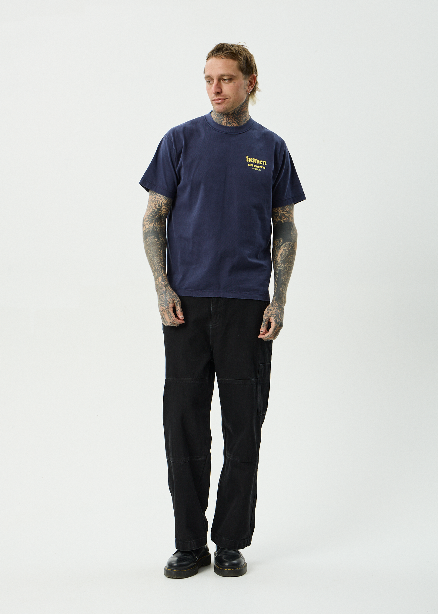 AFENDS Mens Heaven - Heavyweight Boxy Tee - Washed Deep Sea