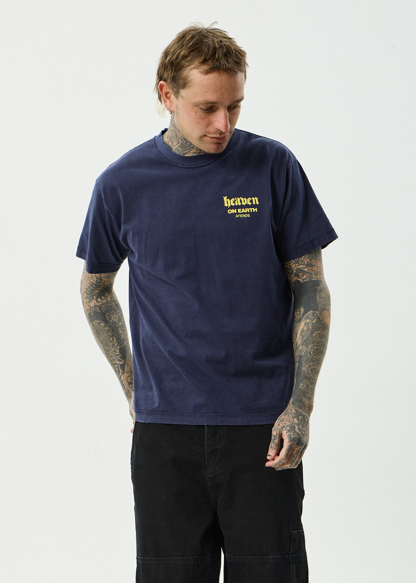 AFENDS Mens Heaven - Heavyweight Boxy Tee - Washed Deep Sea