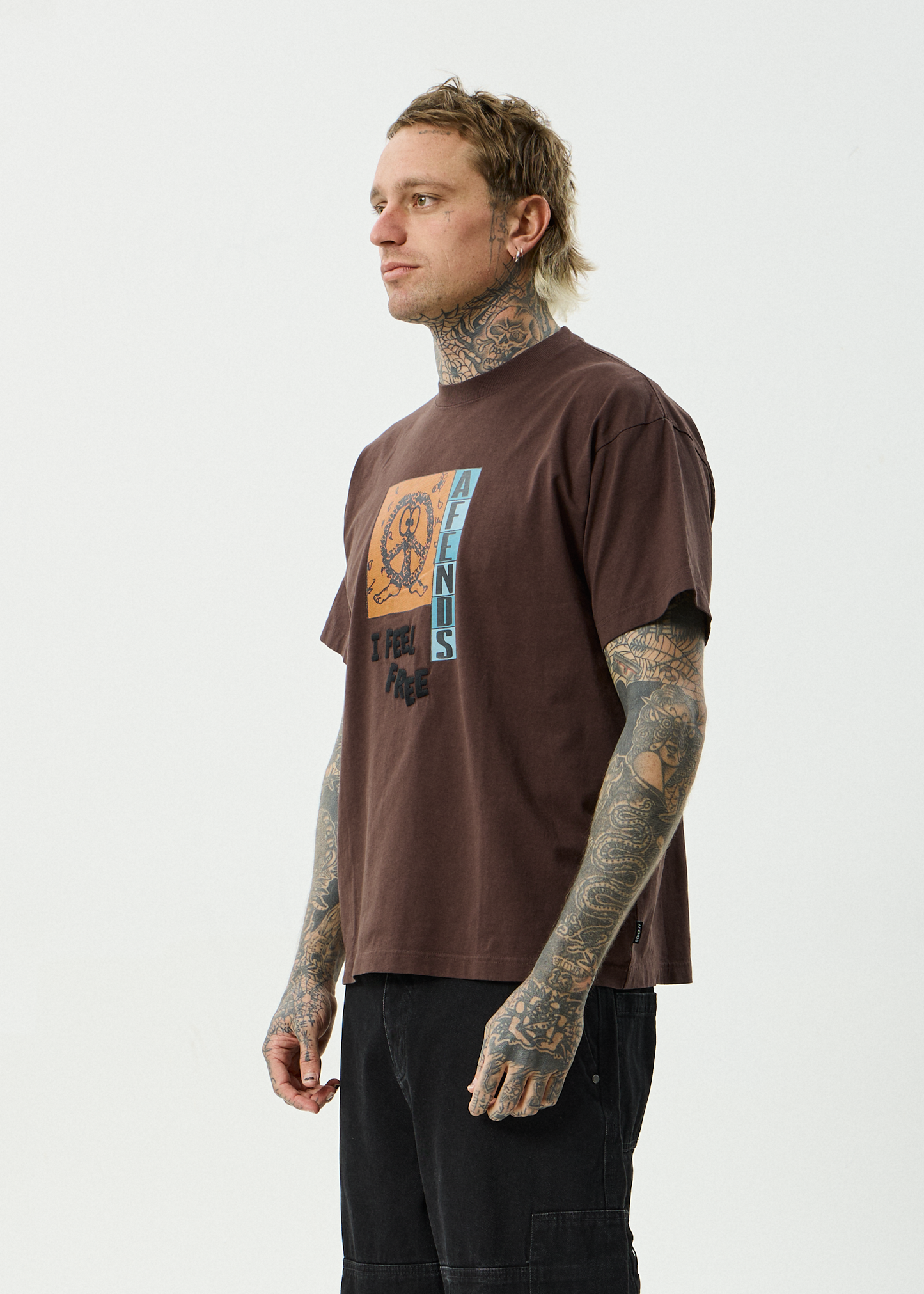 AFENDS Mens Feel Free - Boxy Tee - Washed Coffee