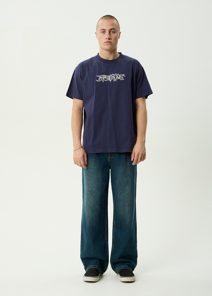 AFENDS Mens Kharma -  Heavyweight Boxy Tee - Washed Deep Sea