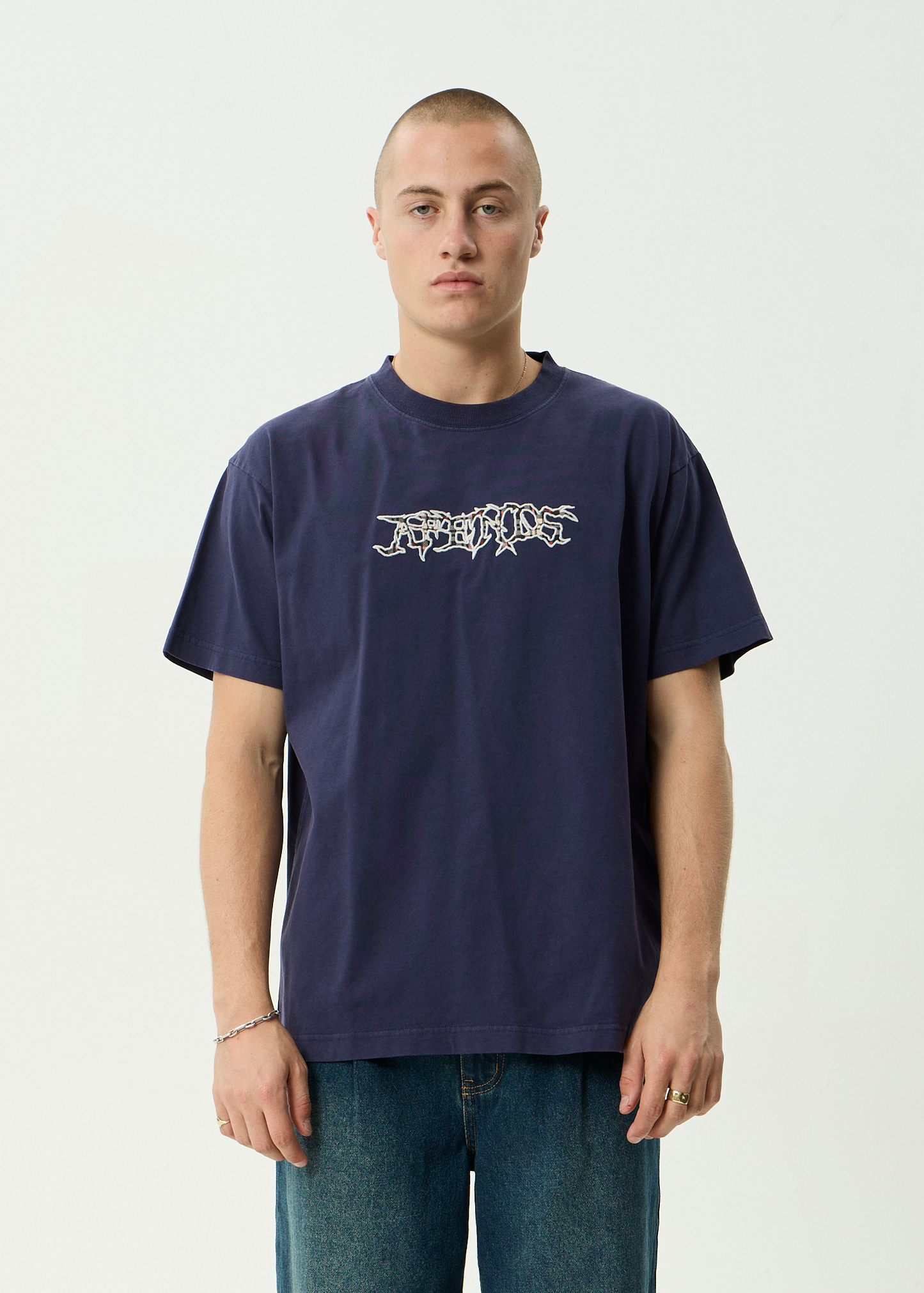 AFENDS Mens Kharma -  Heavyweight Boxy Tee - Washed Deep Sea