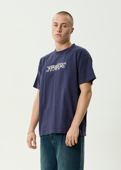 AFENDS Mens Kharma -  Heavyweight Boxy Tee - Washed Deep Sea