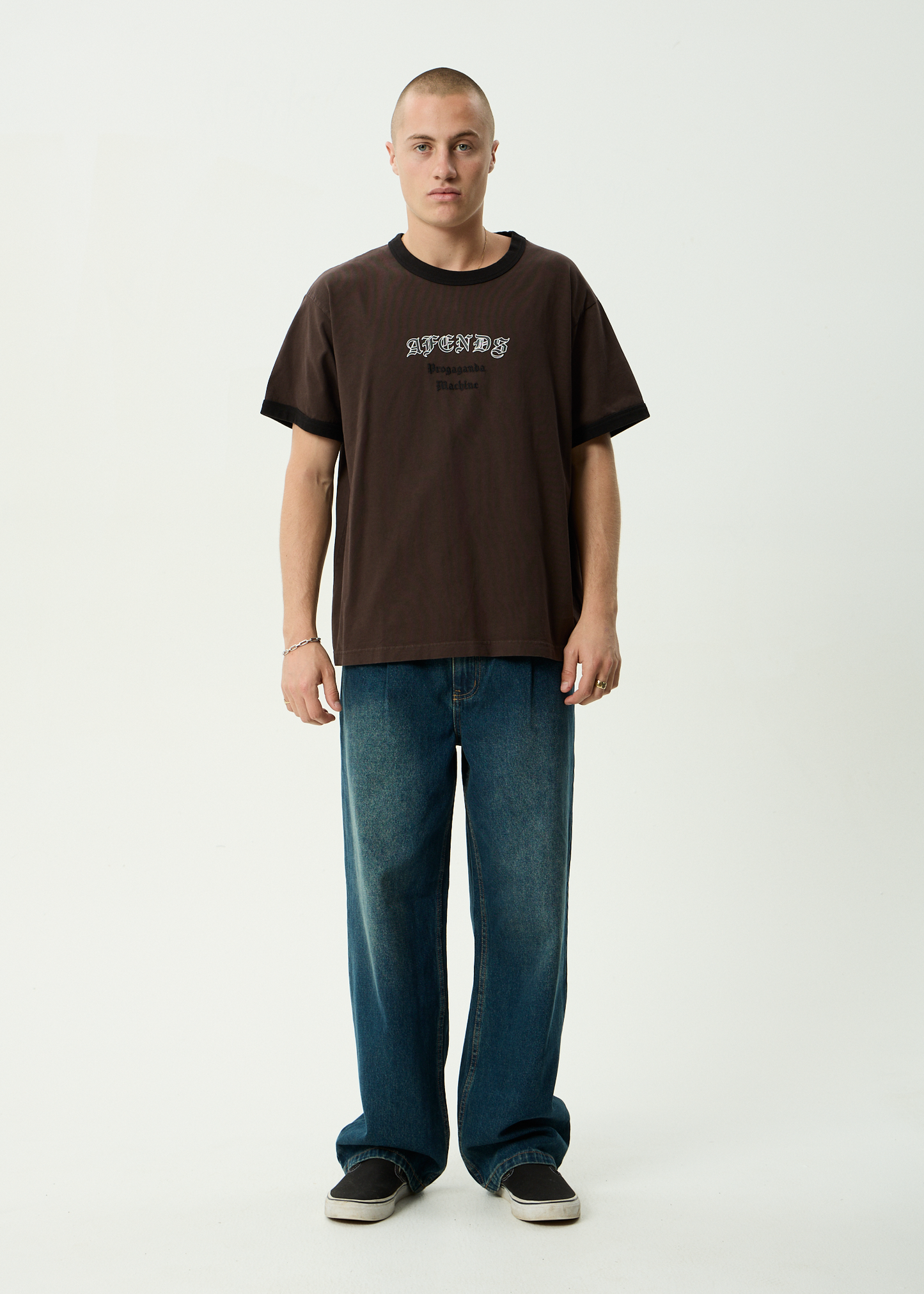AFENDS Mens Machine -  Boxy Ringer Fit Tee - Washed Coffee