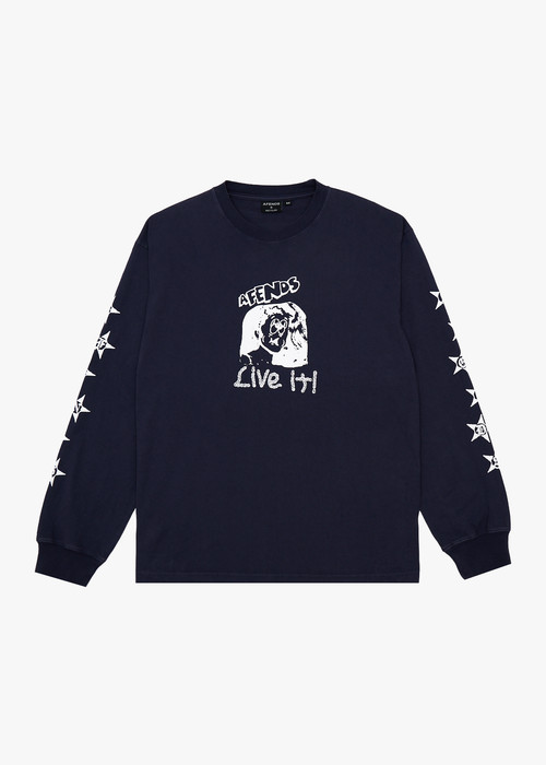 AFENDS Mens Live It - Heavyweight Boxy Long Sleeve Tee - Washed Deep Sea