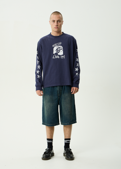 AFENDS Mens Live It - Heavyweight Boxy Long Sleeve Tee - Washed Deep Sea
