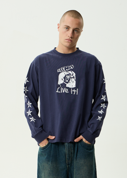 AFENDS Mens Live It - Heavyweight Boxy Long Sleeve Tee - Washed Deep Sea