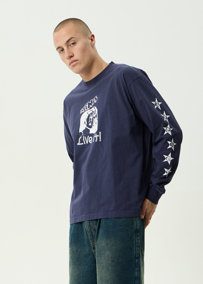 AFENDS Mens Live It - Heavyweight Boxy Long Sleeve Tee - Washed Deep Sea