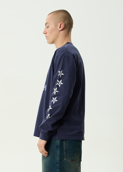 AFENDS Mens Live It - Heavyweight Boxy Long Sleeve Tee - Washed Deep Sea