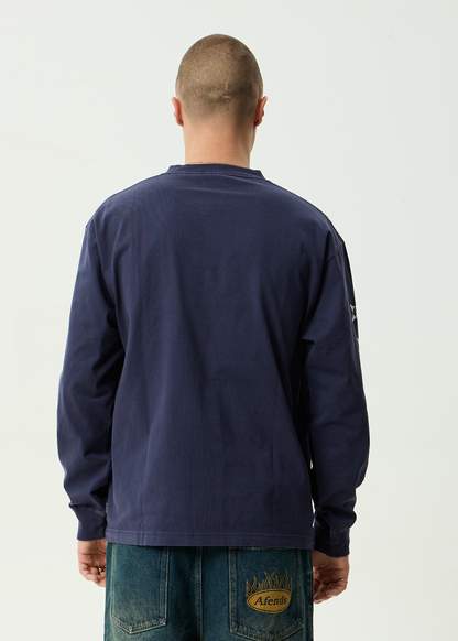 AFENDS Mens Live It - Heavyweight Boxy Long Sleeve Tee - Washed Deep Sea