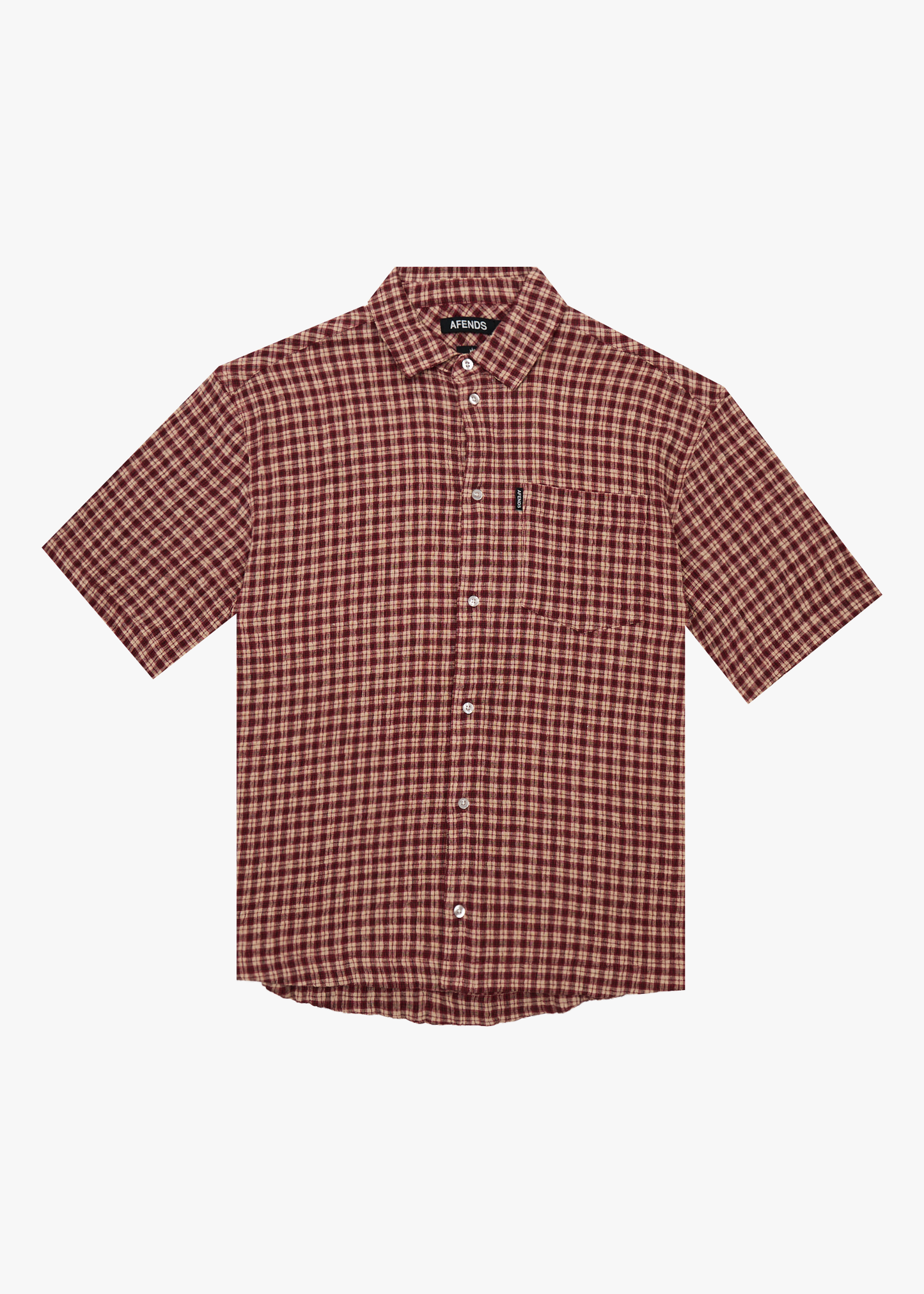AFENDS Mens Capricorn - Seersucker Short Sleeve Shirt - Burgundy / Beige Check