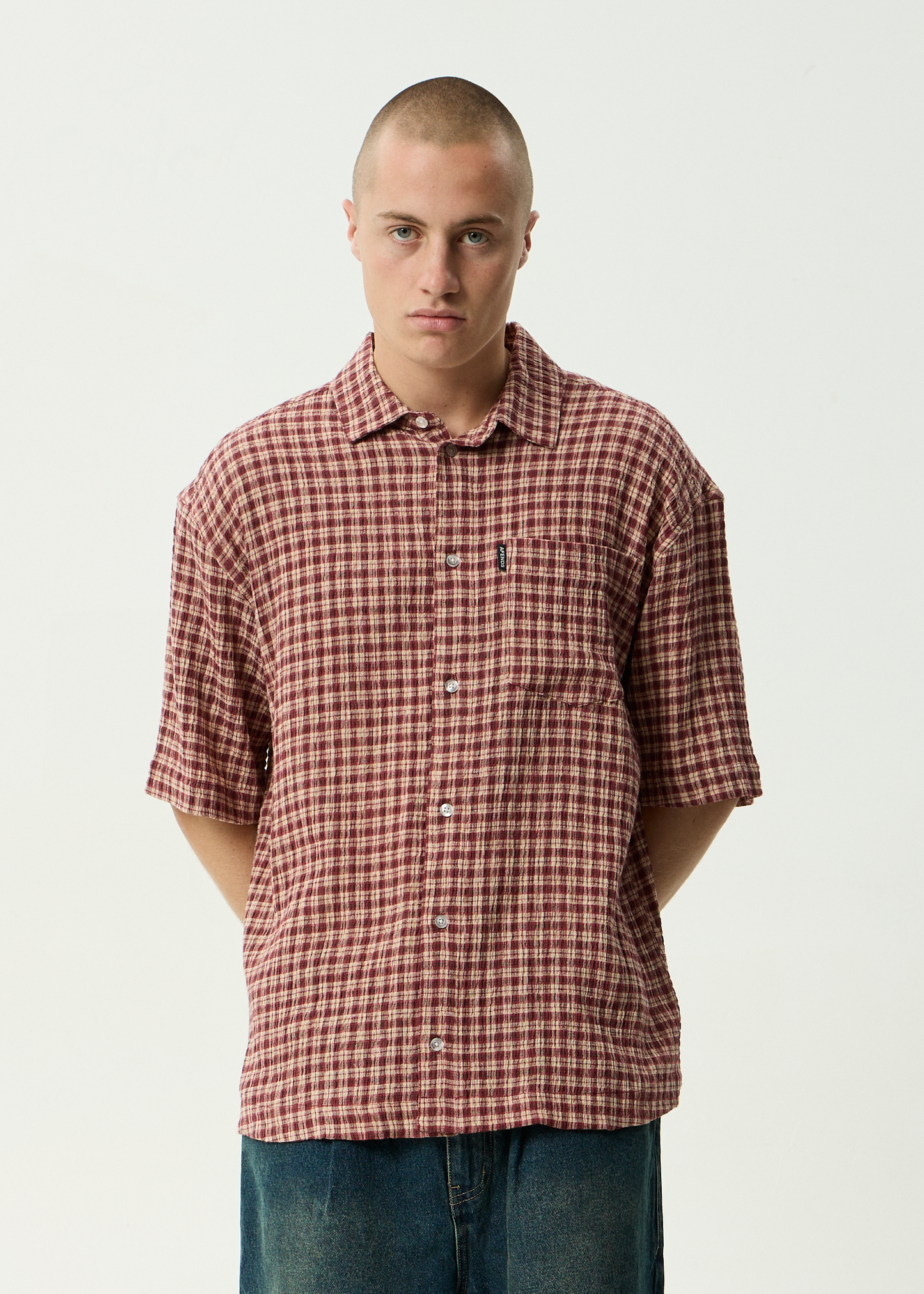 AFENDS Mens Capricorn - Seersucker Short Sleeve Shirt - Burgundy / Beige Check