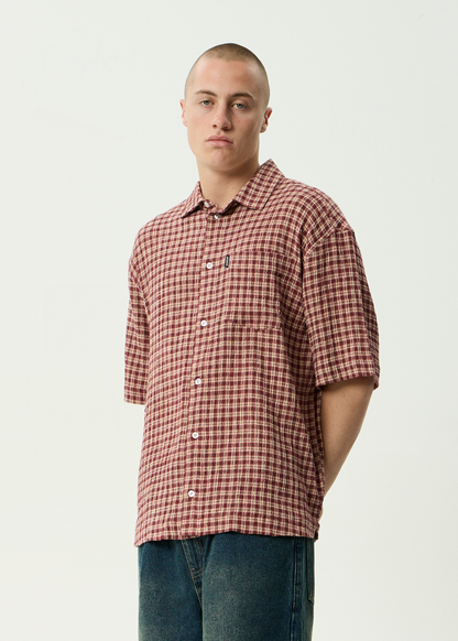AFENDS Mens Capricorn - Seersucker Short Sleeve Shirt - Burgundy / Beige Check