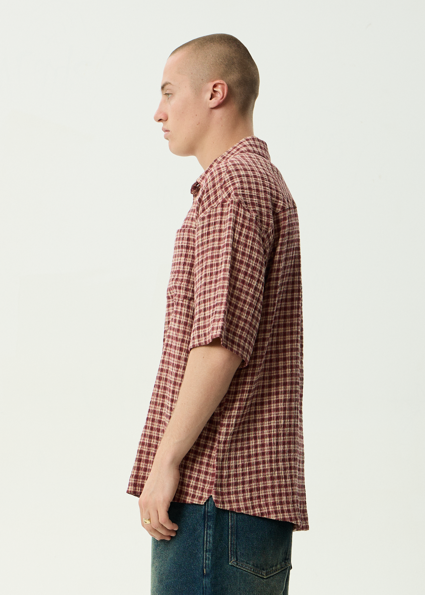 AFENDS Mens Capricorn - Seersucker Short Sleeve Shirt - Burgundy / Beige Check